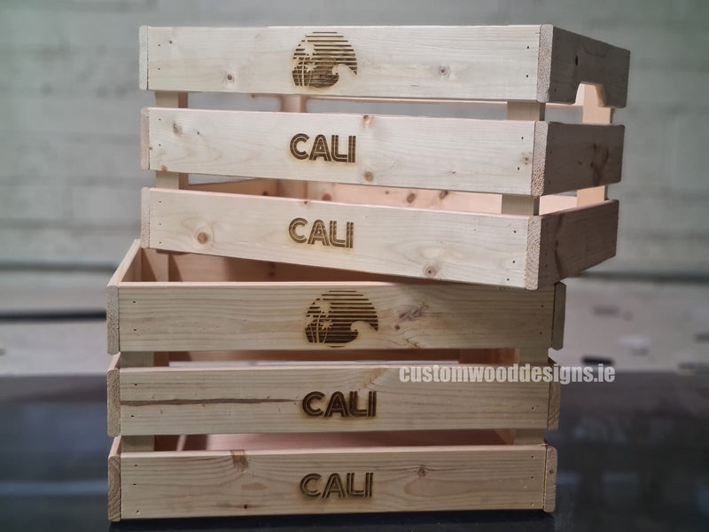 Load image into Gallery viewer, Large Pine Wood Crate 46 X 31 X 25cm pack of 10 Crate pin CaliCaliCratesIrelandCustomWoodDesignsWoodworkingWoodBrandingPromotionalBrandingLaserbranding_3