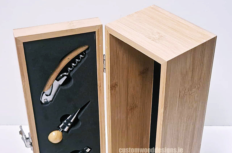 Load image into Gallery viewer, Bamboo Wine Box & Opener set Custom Wood Designs CustomWoodDesignsIrelandCorporategiftboxesBottleBoxesGiftingboxesforbottleslaserengravedbottleboxespersonalisedbottleboxesCorporateboxesrusticboxwinebo_29_4e2e84ad-5dcf-413a-81a9-32f1c4683e16
