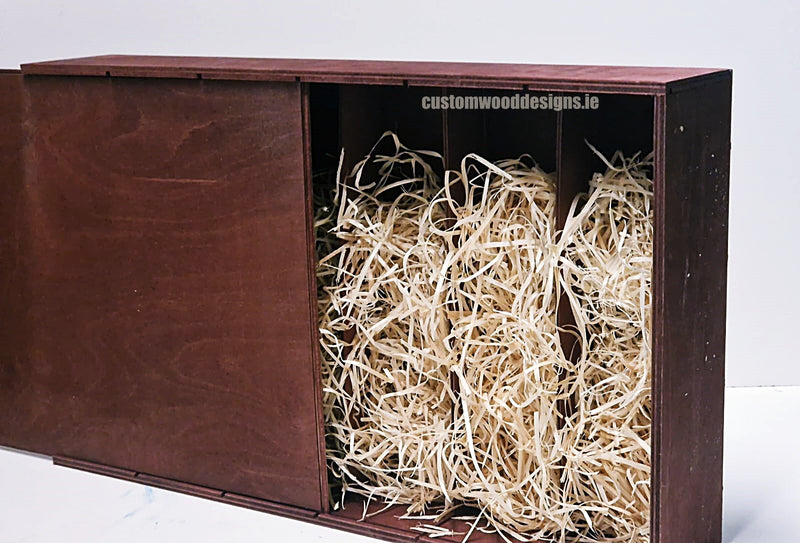 Load image into Gallery viewer, Sliding Lid 6 Bottle Box - Burgundy x 25 Corporate Gift Box with Wood Wool Custom Wood Designs box corporate gift hamper triple wine box wood wool CustomWoodDesignsIrelandCorporategiftboxesBottleBoxesGiftingboxesforbottleslaserengravedbottleboxespersonalisedbottleboxesCorporateboxesrusticboxwinebo_4_ac37dac5-ff70-4f0b-b755-44a15
