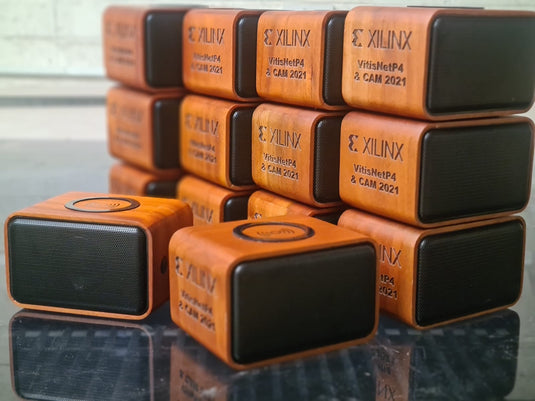 Branded wooden Bluetooth speaker with engraved logo