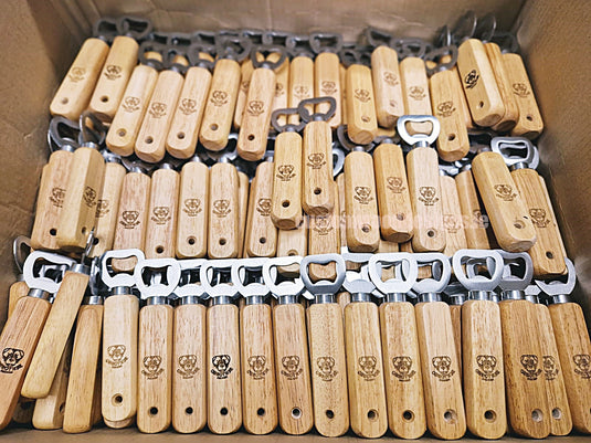 50 x Bottle opener w/wooden handle Custom Wood Designs __label: Multibuy 50-x-branded-50-x-bottle-opener-w-wooden-handle-53612765380951