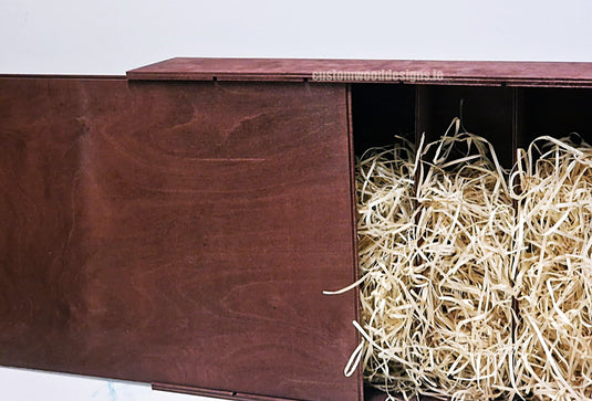 Sliding Lid 6 Bottle Box - Burgundy x 25 Corporate Gift Box with Wood Wool Custom Wood Designs box corporate gift hamper triple wine box wood wool CustomWoodDesignsIrelandCorporategiftboxesBottleBoxesGiftingboxesforbottleslaserengravedbottleboxespersonalisedbottleboxesCorporateboxesrusticboxwinebo_15_c24d9e2d-ea6f-4484-8286-da55