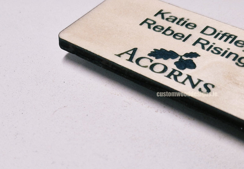 Load image into Gallery viewer, Blonde Birch Name Badges MOQ 10pcs Bespoke Made Custom Wood Designs __label: Multibuy CustomWoodDesignsIrelandLaserengravedwoodenNameBadges_27
