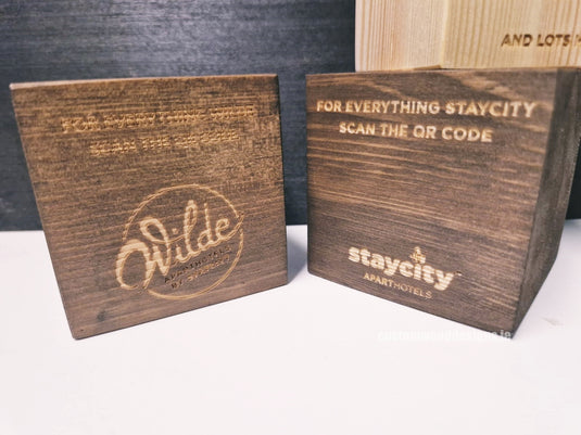 QR Code Block 3 sides Stained & Branded 10-1000 Custom Wood Designs CustomWoodDesignsIrelandStayCityWoodQRcodeBlocksWoodbrandingIrelandHospitalitysignsIrelandQRCodesIreland_5