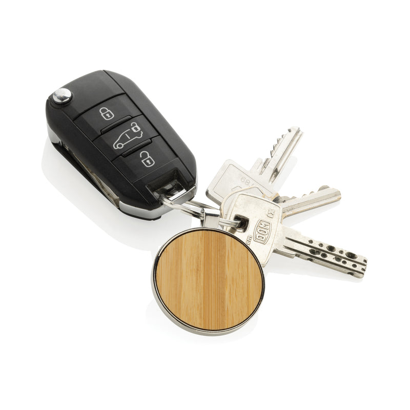 Load image into Gallery viewer, RCS recycled zinc alloy round keychain with bamboo - Custom Wood Designs
