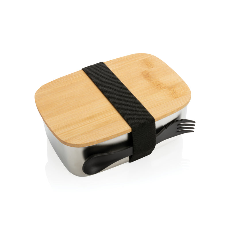 Load image into Gallery viewer, Stainless steel lunchbox with bamboo lid and spork - Custom Wood Designs

