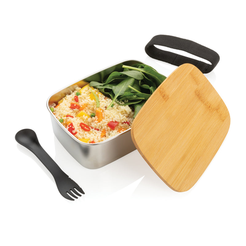Load image into Gallery viewer, Stainless steel lunchbox with bamboo lid and spork - Custom Wood Designs
