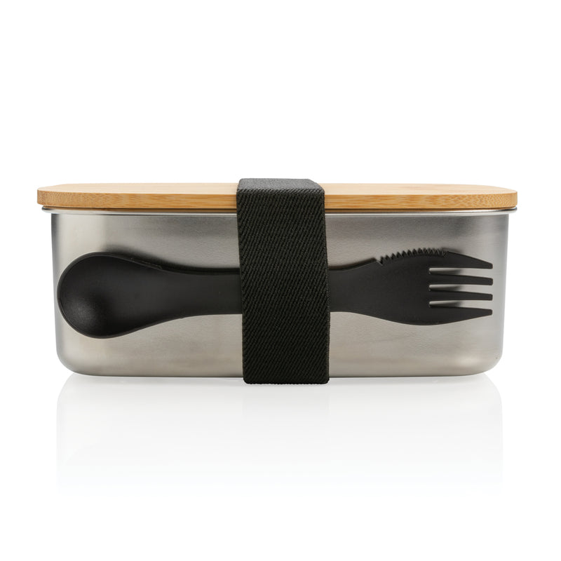 Load image into Gallery viewer, Stainless steel lunchbox with bamboo lid and spork - Custom Wood Designs
