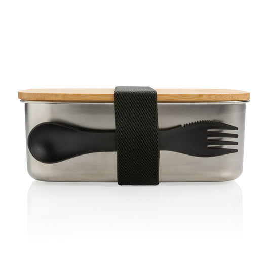 Stainless steel lunchbox with bamboo lid and spork - Custom Wood Designs
