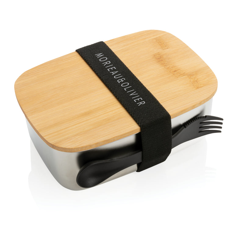 Load image into Gallery viewer, Stainless steel lunchbox with bamboo lid and spork - Custom Wood Designs
