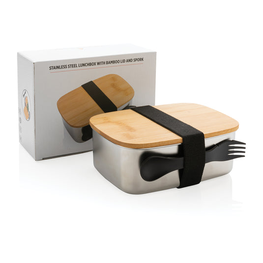 Stainless steel lunchbox with bamboo lid and spork - Custom Wood Designs