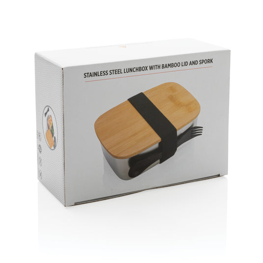 Stainless steel lunchbox with bamboo lid and spork - Custom Wood Designs