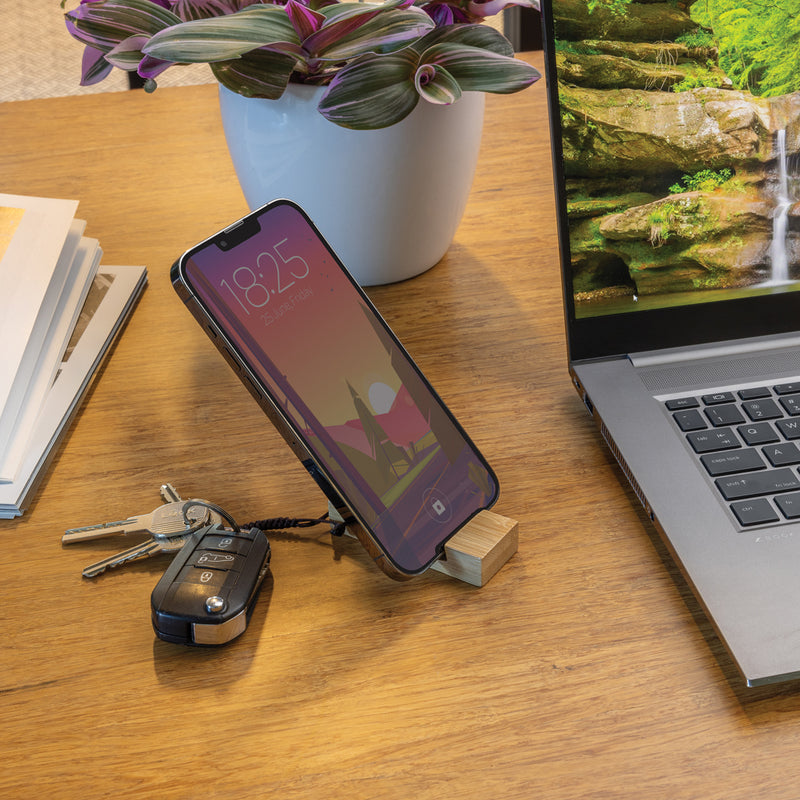 Load image into Gallery viewer, Standkey bamboo keychain phone stand - Custom Wood Designs
