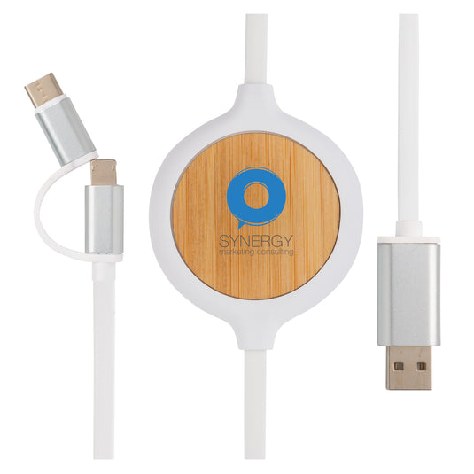 3-in-1 cable with 5W bamboo wireless charger - Custom Wood Designs