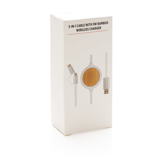 3-in-1 cable with 5W bamboo wireless charger - Custom Wood Designs