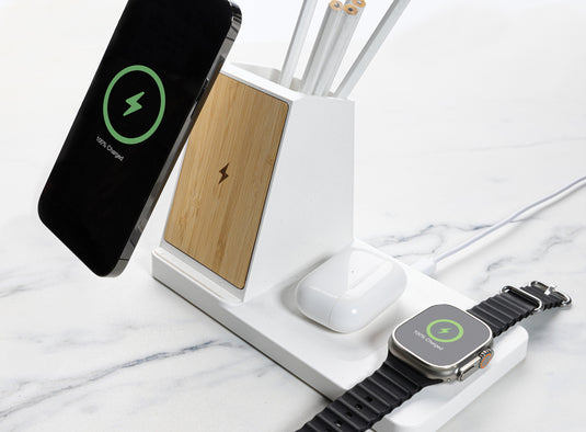 Ontario recycled plastic & bamboo 3-in-1 wireless charger - Custom Wood Designs