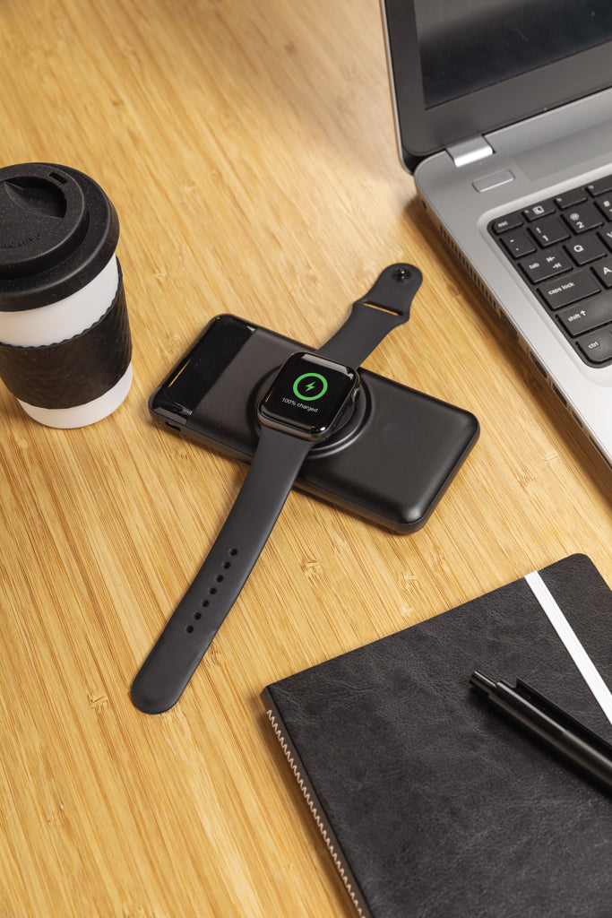 Load image into Gallery viewer, 10.000 mah wireless powerbank with watch charger - Custom Wood Designs
