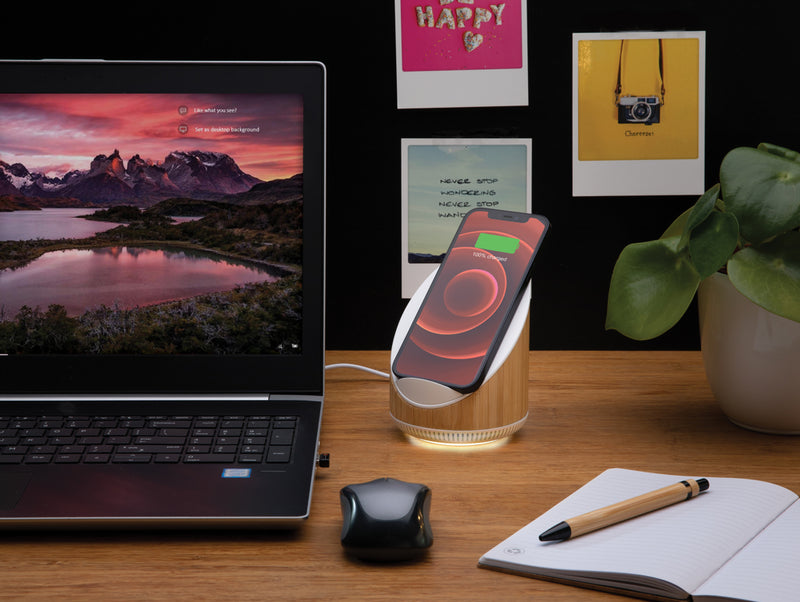 Load image into Gallery viewer, Ovate bamboo 5W speaker with 15W wireless charger - Custom Wood Designs
