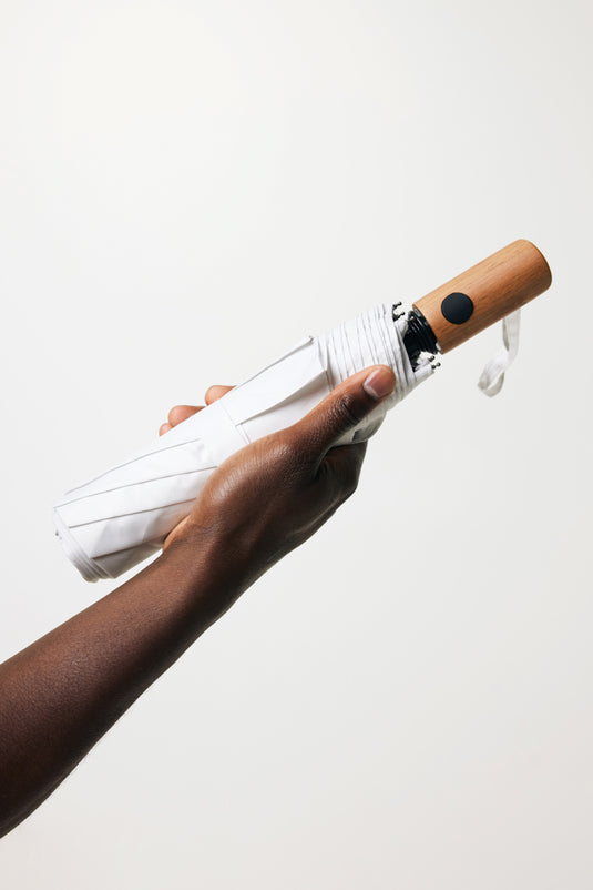 Kaycey 21" AWARE™ RPET Acacia wood mini auto open umbrella - Custom Wood Designs