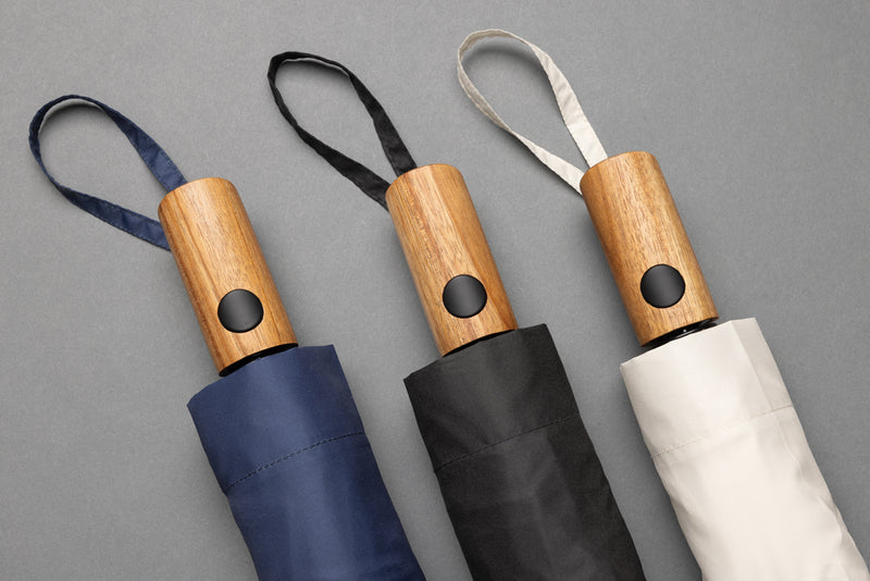 Load image into Gallery viewer, Kaycey 21" AWARE™ RPET Acacia wood mini auto open umbrella - Custom Wood Designs
