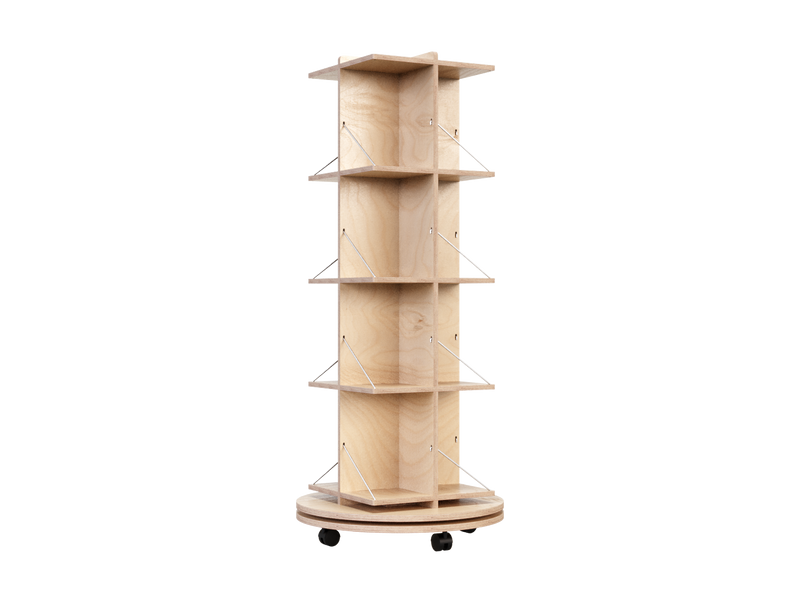 Load image into Gallery viewer, Avo mobile shelving unit with five eucalyptus wood shelves and wheels.
