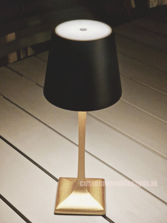 Cordless rechargeable LED table lamp in black for restaurant and hotel tables – available from Custom Wood Designs Ireland
