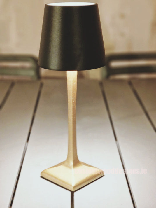Cordless rechargeable LED table lamp in black for restaurant and hotel tables – available from Custom Wood Designs Ireland