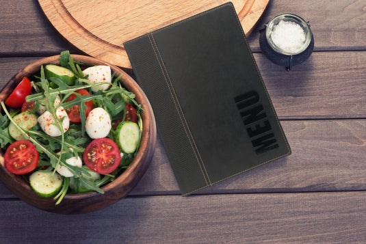 Leather style menu holder A5 pack of 10 Custom Wood Designs __label: Multibuy black-leather-style-menu-holder-a5-pack-of-10-53613274464599