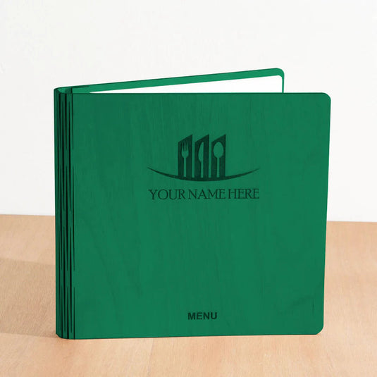 20 x Personalised Wood Menus 20x20cm Custom Wood Designs __label: Multibuy customwooddesignshospitalitygreenmenubook