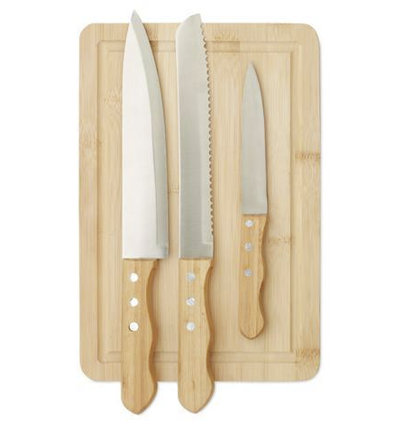 Load image into Gallery viewer, Bamboo cutting board &amp; Wood knife set Custom Wood Designs default-title-bamboo-cutting-board-wood-knife-set-53612294832471
