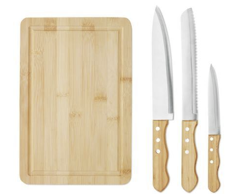 Load image into Gallery viewer, Bamboo cutting board &amp; Wood knife set Custom Wood Designs default-title-bamboo-cutting-board-wood-knife-set-53612295258455
