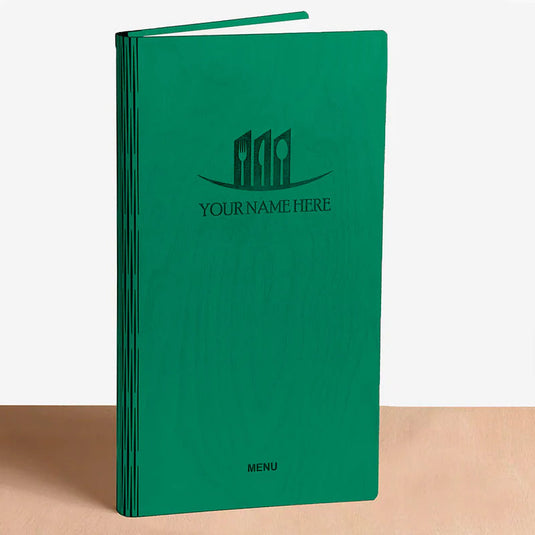 20 x Wood Menu 20x40cm Green Custom Wood Designs __label: Multibuy greenwoodenmenu.hospitality.customwooddesigns.