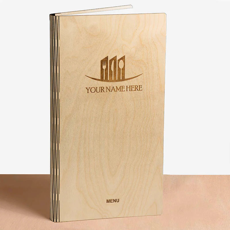 Load image into Gallery viewer, 20 x Wood Menu 20x40cm Custom Wood Designs __label: Multibuy naturalwoodmenu.hospitality.customwoodmenus.
